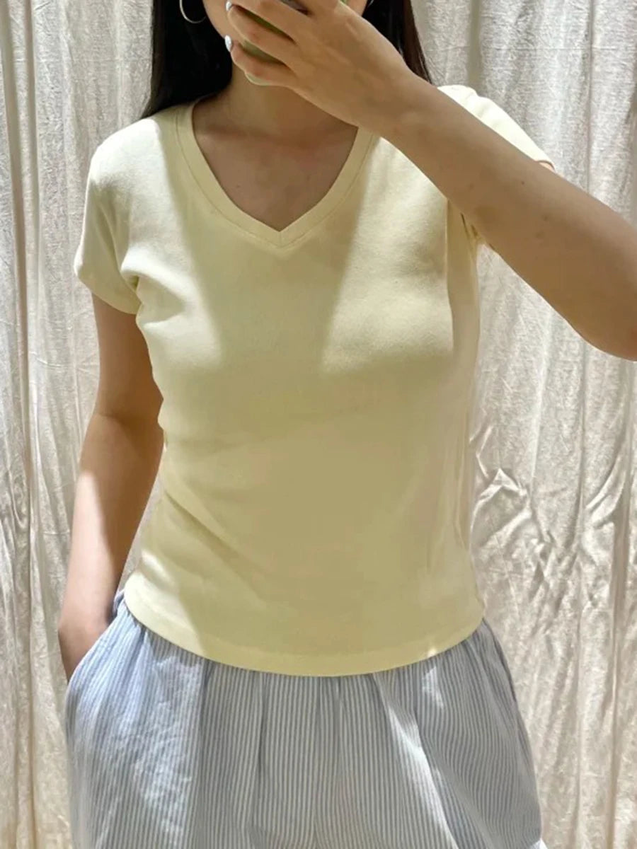 Pink Sweet V-neck Cotton Short Sleeve Tee Women New Casual Simple Preppy Style Slim Tops Clothes Vintage Sweet Chic T-shirt Y2K