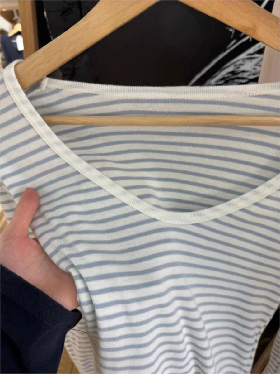 Sweet Blue Striped Long Sleeve T-shirt Women Autumn V-neck Cotton Slim Tee Tops Femme Vintage Streetwear Preppy Style Tshirt New