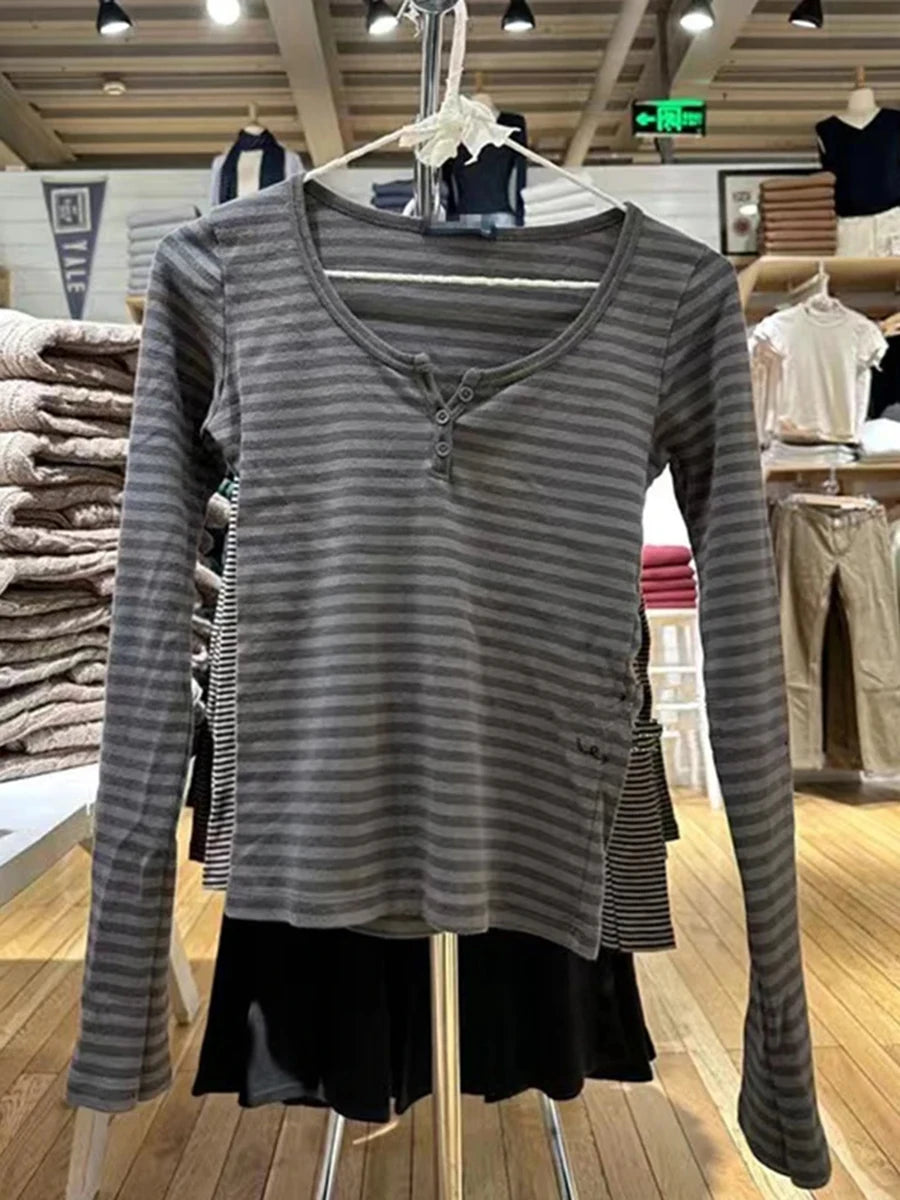 Vintage Striped Long Sleeve T-shirt Woman Spring New Y2K O-Neck Cotton Slim Tshirts Tops Female Cute Preppy Style Tee Shirts