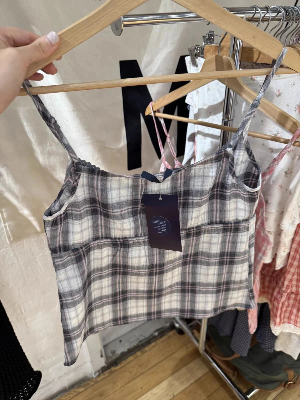 Vintage Black Plaid Lace-up Ruffles Tank Tops Women Summer New Cotton Sexy Slim Buttons Strapless Vests Cute Preppy Camisole Y2K