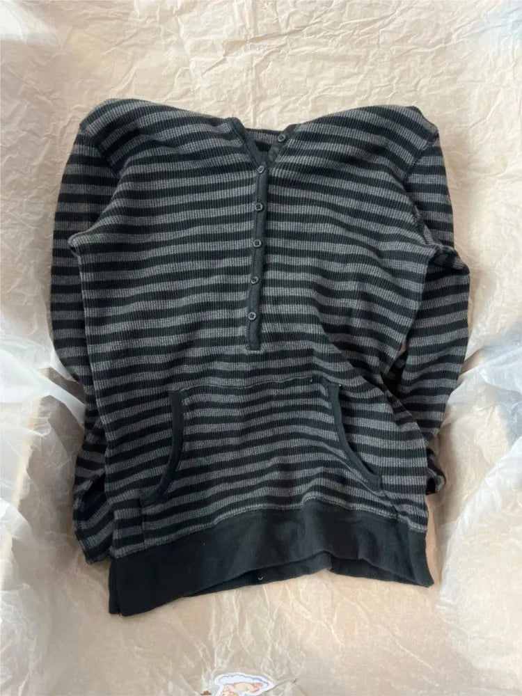 Gray Striped Waffle Hooded T-shirt Women Five  Button CottonSlim Long Sleeve Tee Shirt Casual Preppy Style Vintage Tshirt Y2k