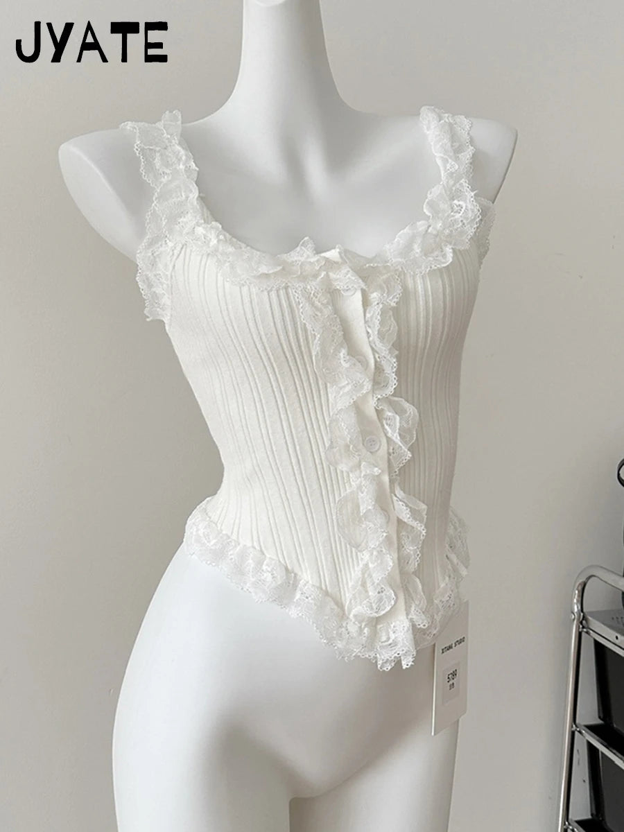 New Lace Trim Square Neck Tank Tops Women Summer Buttons Slim V Hem Cute Sleeveless Cropped Vests Sweet Solid Vintage Camis Y2K