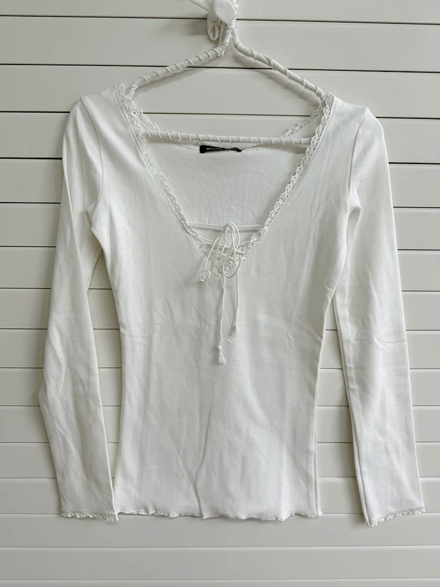 Sweet Lace Trim Long Sleeve Tees Women Casual Simple V-neck Lace-up Cotton Slim Tshirts Female Cute Preppy Style Chic T-shirts