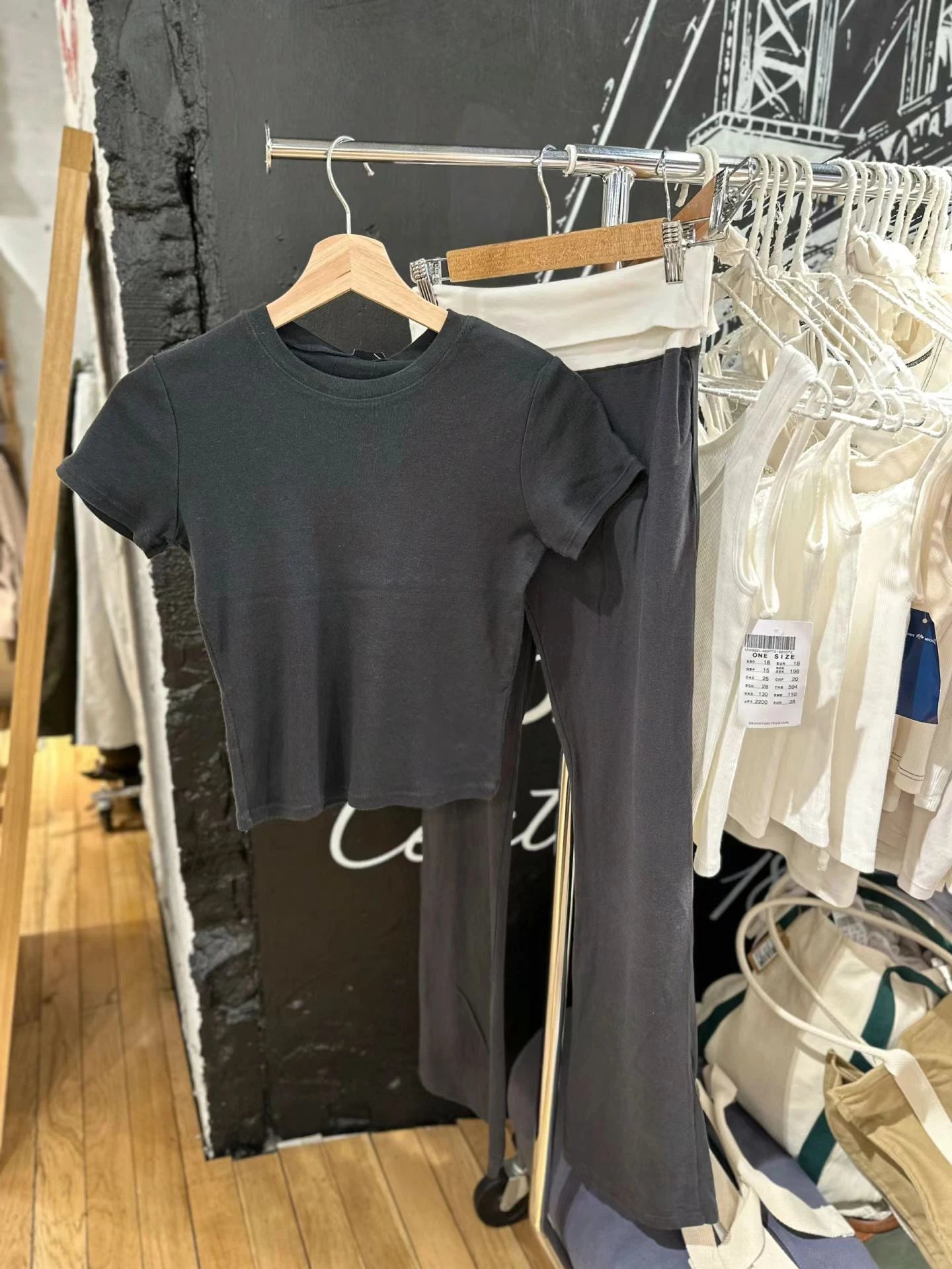 New Basic Black T-shirt Pants Sets Women O-neck Slim Tees+ Patchwork Yoga Sweatpants Solid Vintage Cotton Sport 2 Pieces Sets