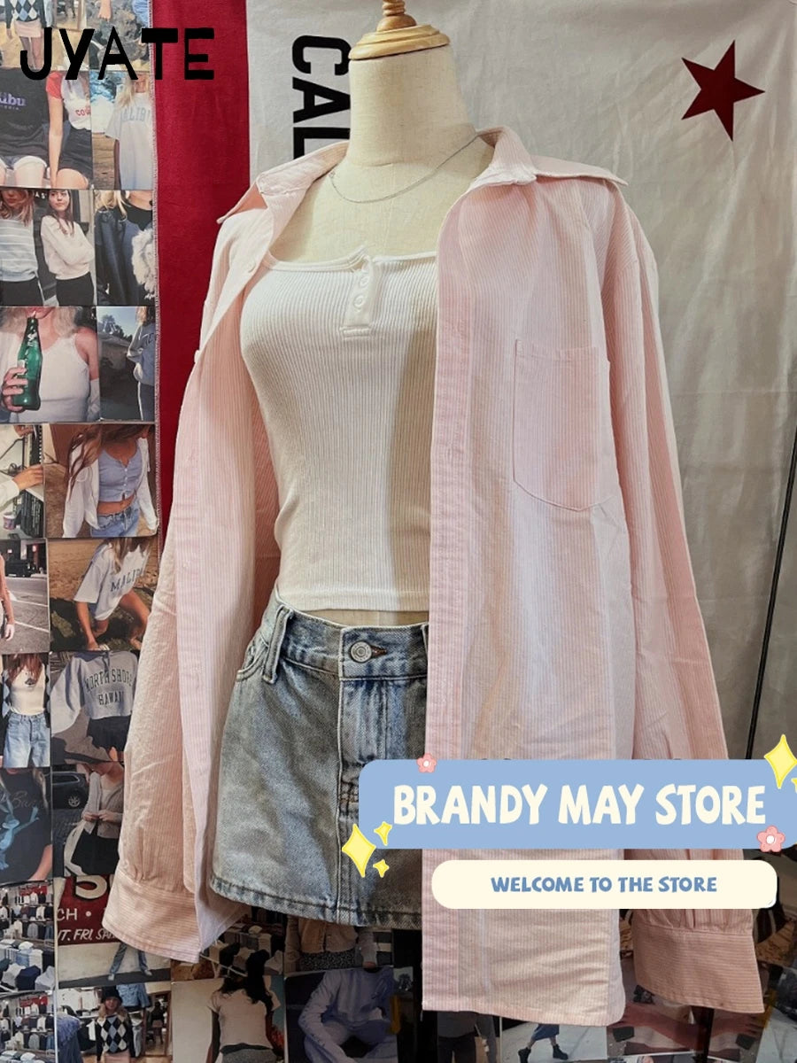 New Sweet Pink Striped Loose Blouse T-shirts Women Summer Casual Cotton Turn-down Collar Tees Preppy Cute Vintage Y2K Crop Tops