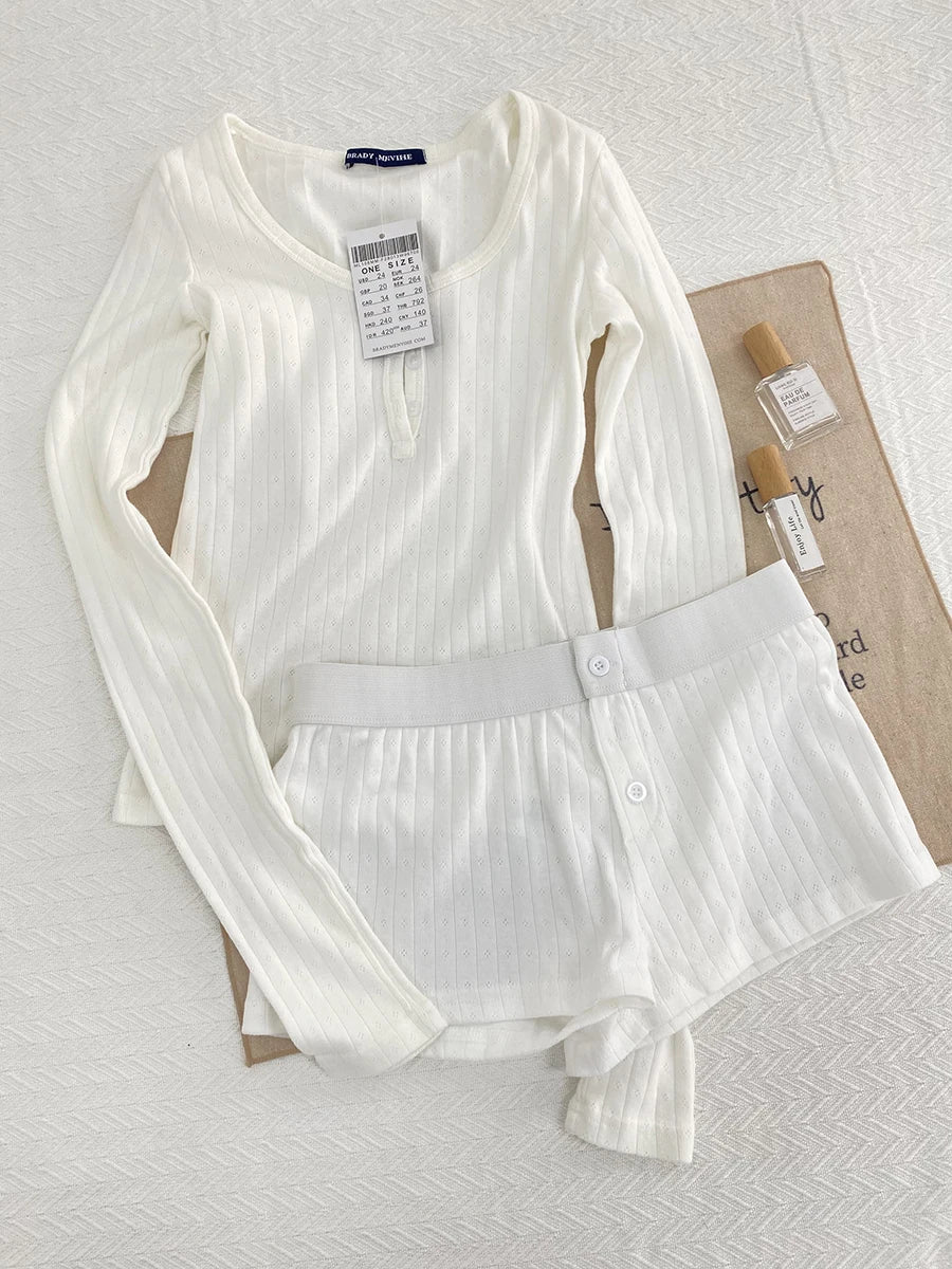 Sweet Eyelet Long Sleeve T-shirt Shorts Set Women Cotton Buttons Home Pajama 2 Piece Sets Slim Tees+Elastic Straight Sweatshort