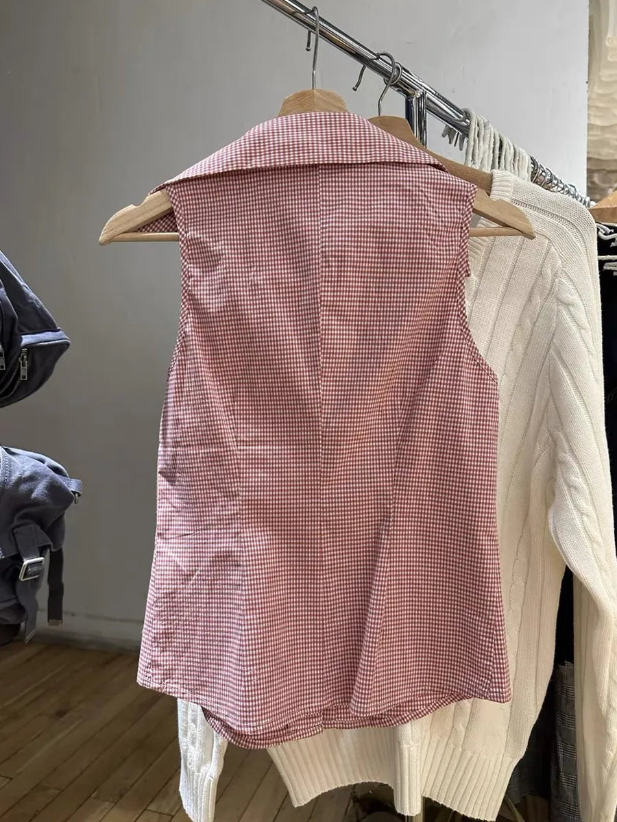 Pink Striped Blouse T-shirts Women Summer Casual Slim Turn-down Collar Sleeveless Tees Cute Sweet Preppy Style Y2K Crop Tops New