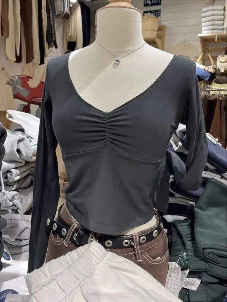 Sweet Gray Folds V-neck Slim Long Sleeve Tees Women Spring New Cotton Soft Simple Basic Crop Tops Vintage Cute Chic T-shirts Y2K