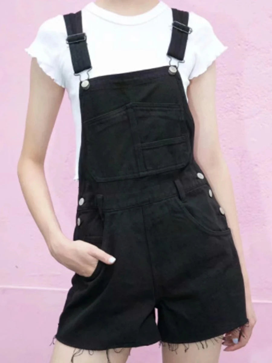 Vintage Pockets High Waist Straight Short Pants Ladies Casual Streetwear Buttons Raw Trim Shorts Vintage Chic Y2K Denim Overalls