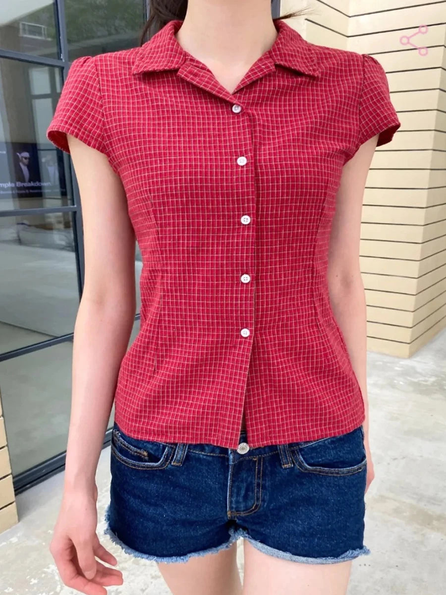 Red Plaid Button Blouse Women Casual Streetwear Cotton Lapel Short Sleeve Tees Vintage Preppy Style Sweet T-shirts Y2K Tops