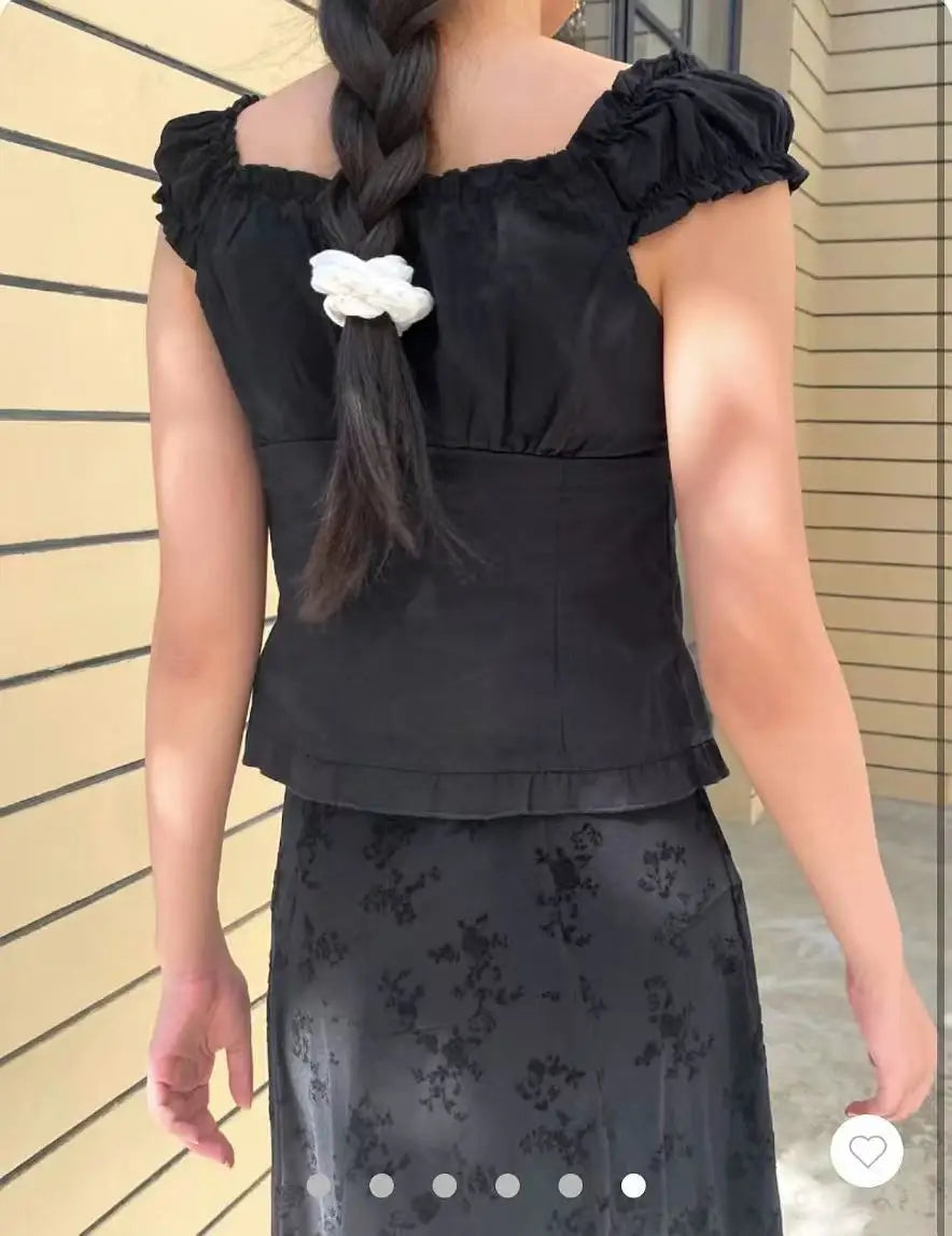 Harajuku Black Folds Blouse Top Women Casual Single Breasted Ruffle Sleeveless Tank Tops Vest Y2K Cool Preppy Style Camisole New