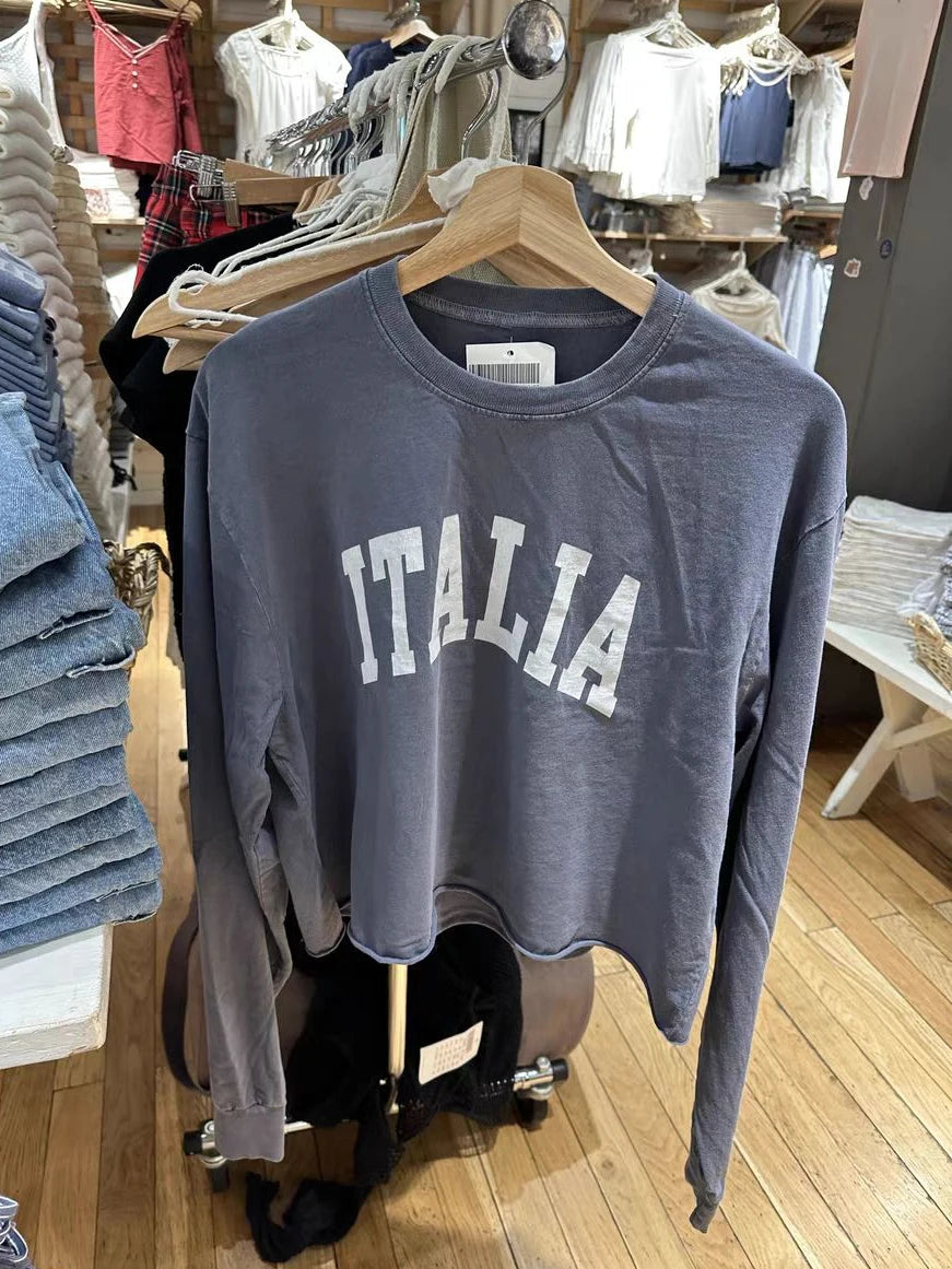 Vintage Letter Print Raw Hem Long Sleeve T-Shirts Women Autumn Streetwear O-Neck Loose Crop Tops Casual Vintage Sweet Tees Y2K