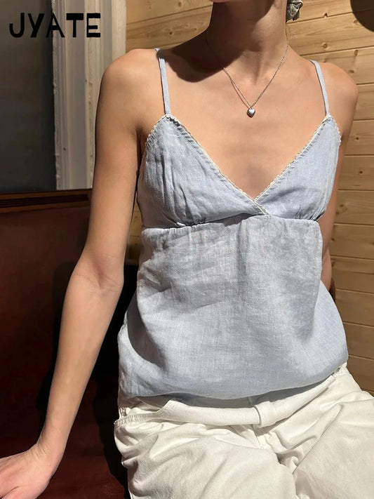Sweet V-neck Lace Trim Camisole Women Summer New Cotton Sexy Simple Casual Cropped Vests Vintage Cute Basic Tank Tops Y2K Femmle