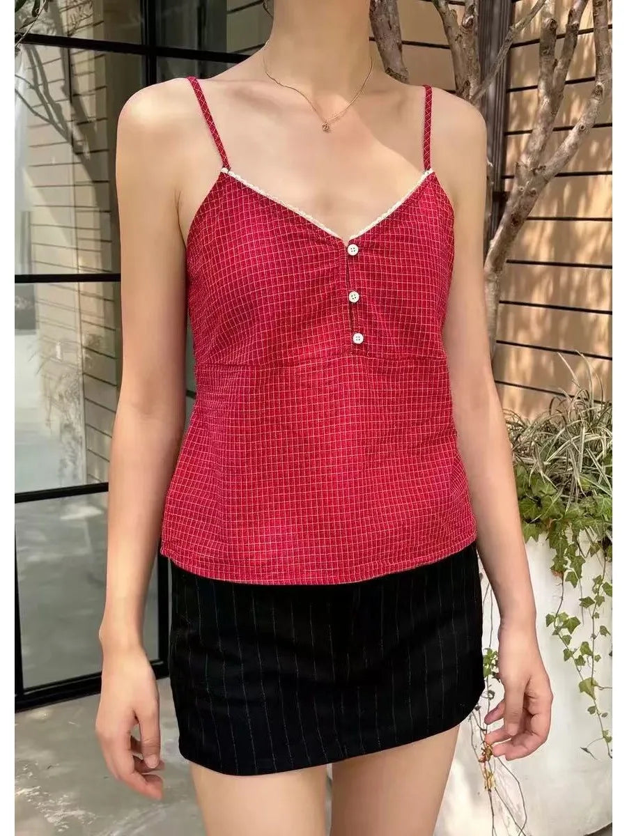 Vintage Red Plaid Buttons V-neck Camis Women Summer Casual Lace Trim Slim Simple Sleeveless Vests Sweet Preppy Style Tank Tops