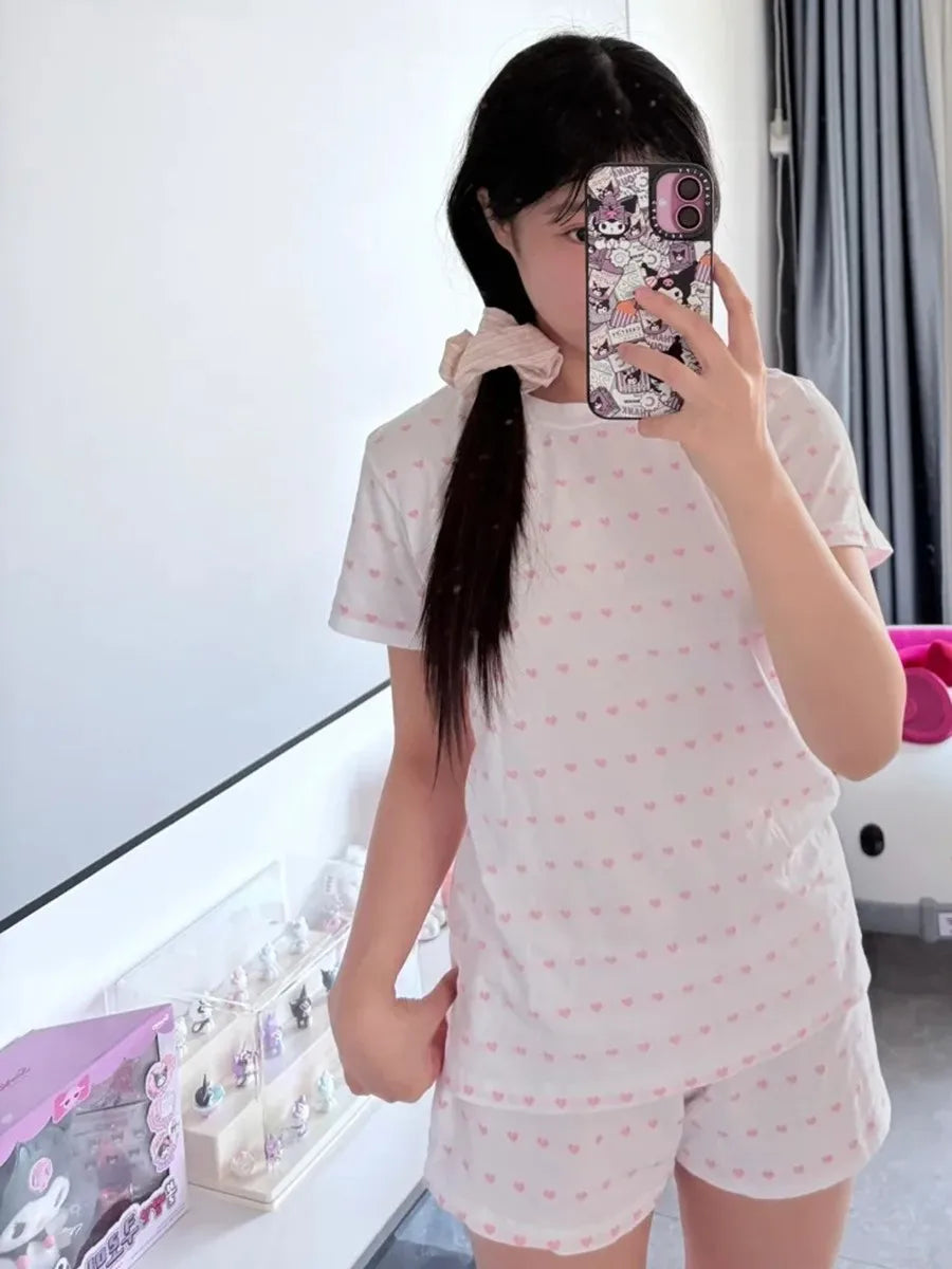 Pink Heart Print T-shirt Shorts Sets Women Cotton O-neck Slim Tees +Buttons Straight Sweatshort Sweet Cute Home 2 Pieces Outfits