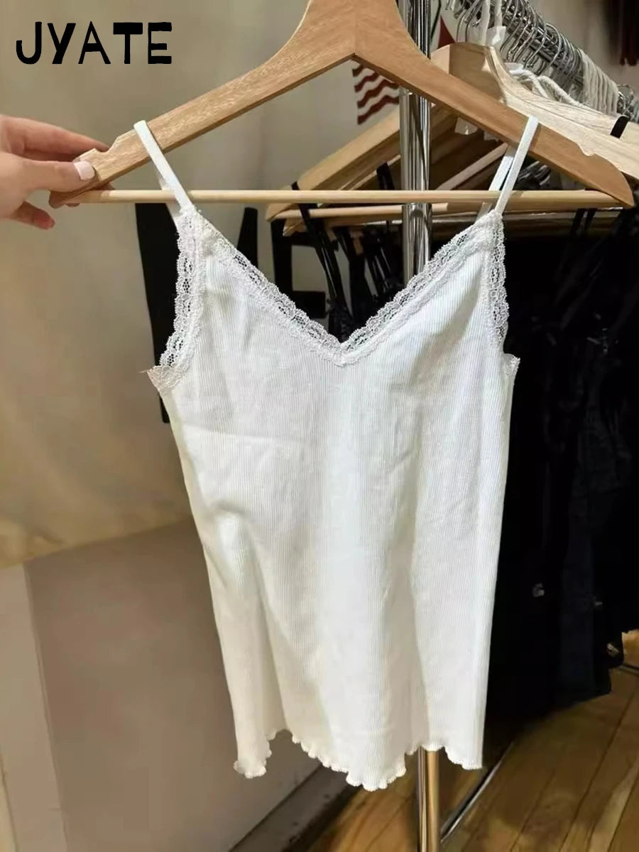Lace Trim V-neck Ribbed Tank Tops Women New Cotton Casual Fungus Hem Slim Sleeveless Vests Cute Sweet Preppy Style Camisole Y2K
