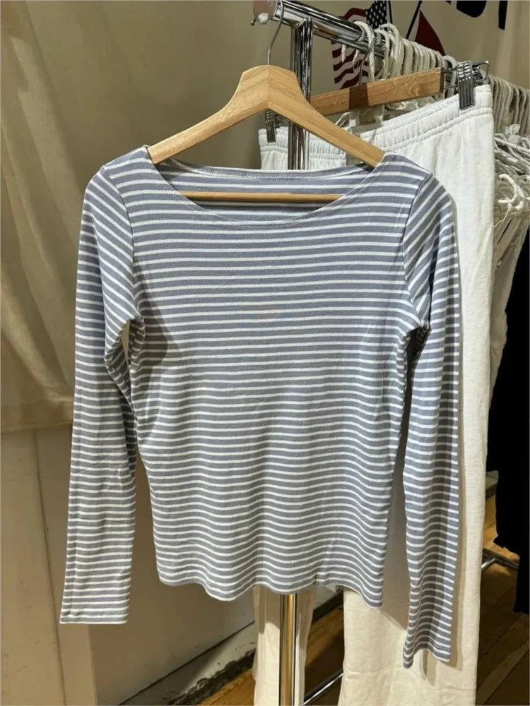 Sweet Striped Long Sleeve T-shirt Women Autumn O-Neck Soft Cotton Tee Shirt Casual  American Streetwear Vintage Y2k Tshirts New
