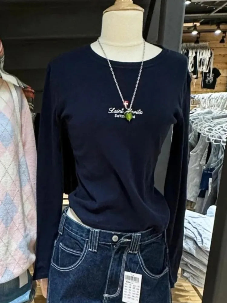 Navy Letter Embroidery Long Sleeve T-shirt Women Round Neck Cotton Slim Tee Shirt Vintage American Streetwear Tshirt Y2K Tops