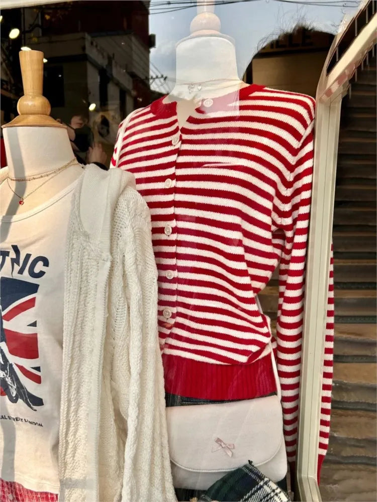 Sweet Red Striped Knitted Sweater Cardigan Women Round Neck Single Breasted Cotton Knitwear Preppy Style Sweaters Coat Tops Y2K