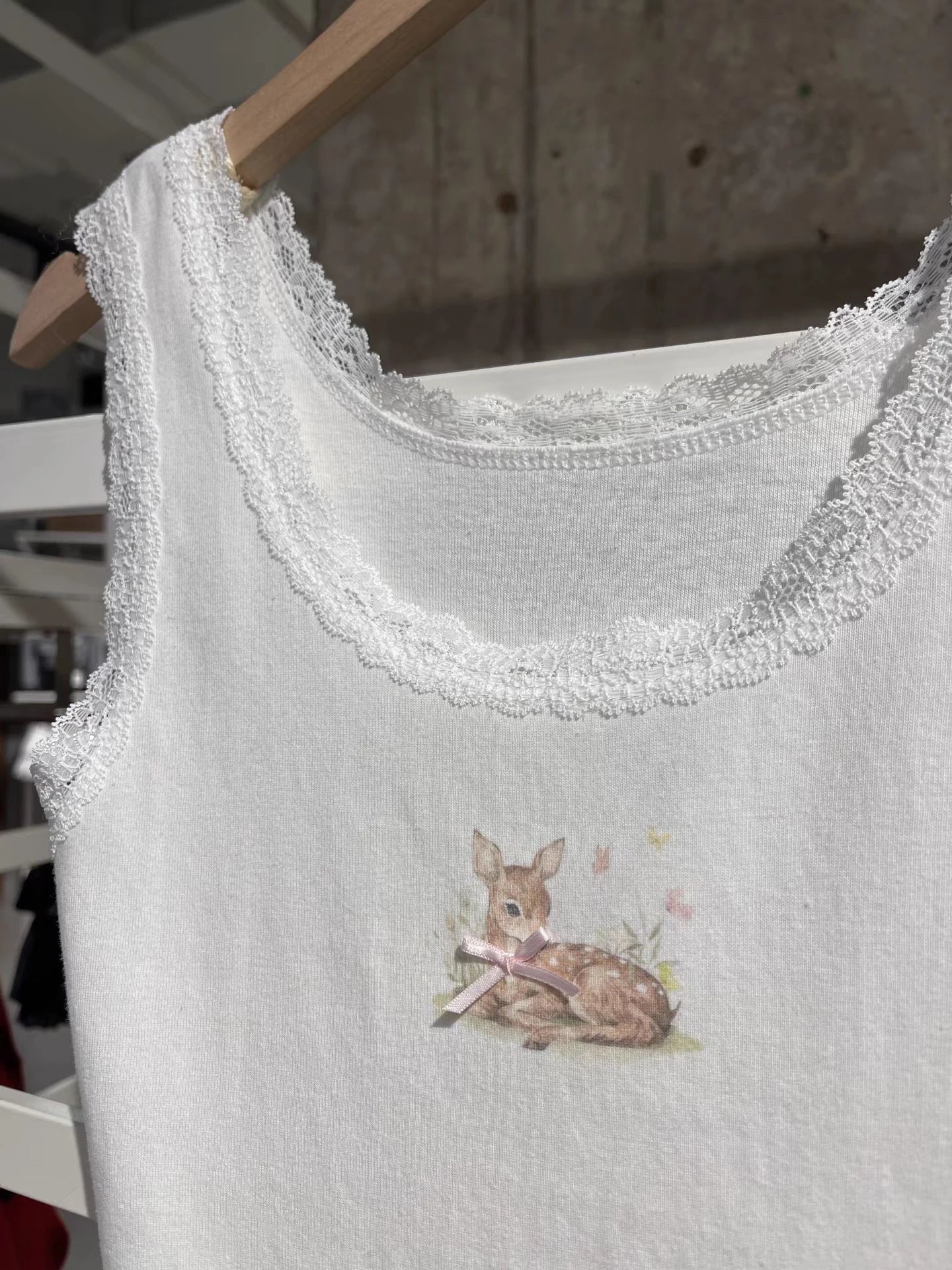 Cute Deer Bow Slim Tank Top Woman Summer Lace Trim U Collar Sleeveless Cotton Camisole Casual Sweet Preppy Style Crop Tops Y2K