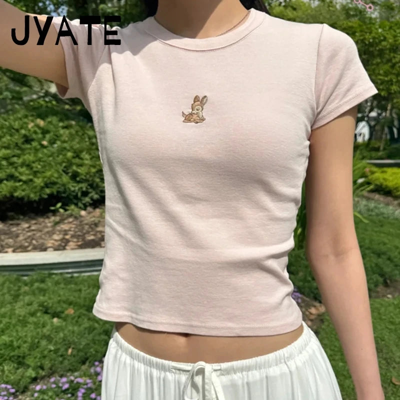 Little Deer Embroidery Crop Tops Women New Cotton Soft Casual Simple Cute Slim Short Sleeve Tees Preppy Style Sweet T-shirts Y2K
