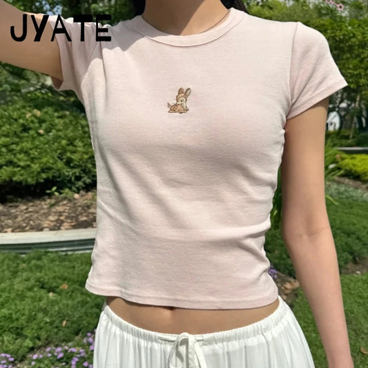 Little Deer Embroidery Crop Tops Women New Cotton Soft Casual Simple Cute Slim Short Sleeve Tees Preppy Style Sweet T-shirts Y2K