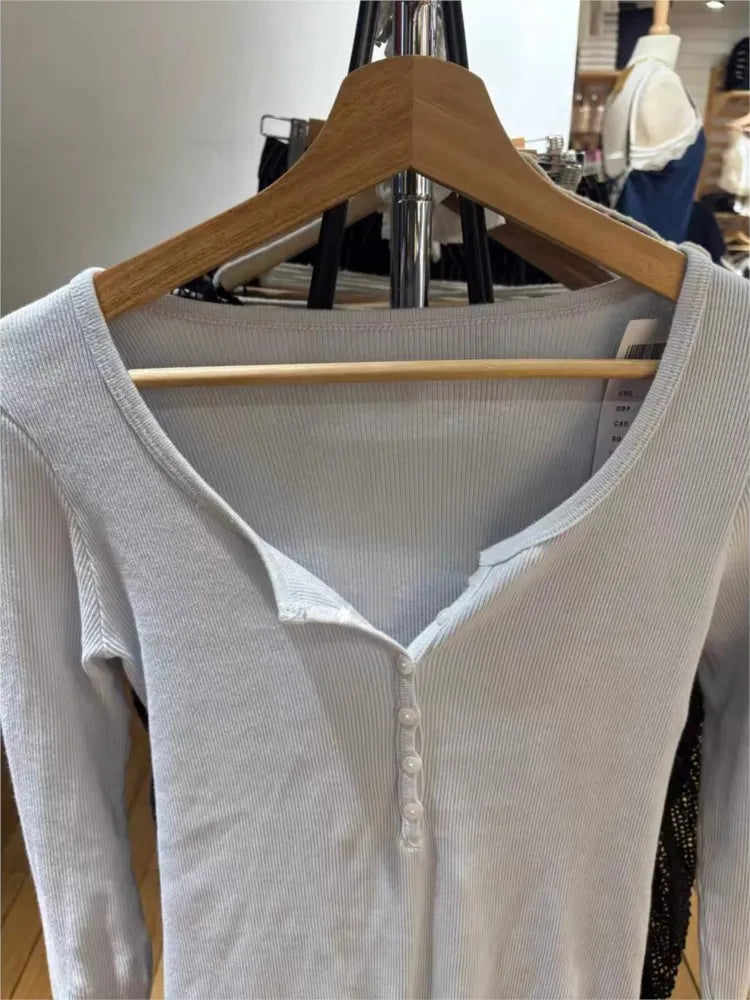 Sweet Blue Ribbed Buttons T-shirt Women Buttons O-Neck Cotton Slim Long Sleeve Tee Cute Vintage Preppy Style T Shirt Y2K Top New