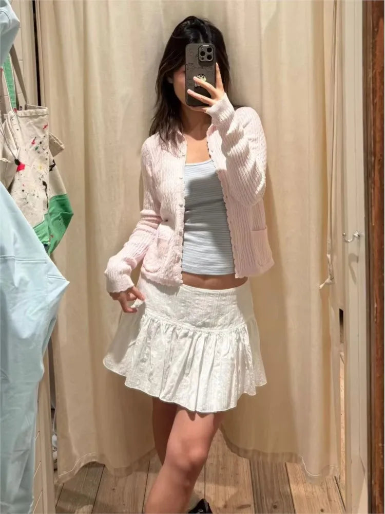 Lace-up A-line Shirks Women Summer Simple Cotton Low Waist Elastic Eyelet Pleated Mini Skirts Sweet Cute Streetwear Falda Y2K