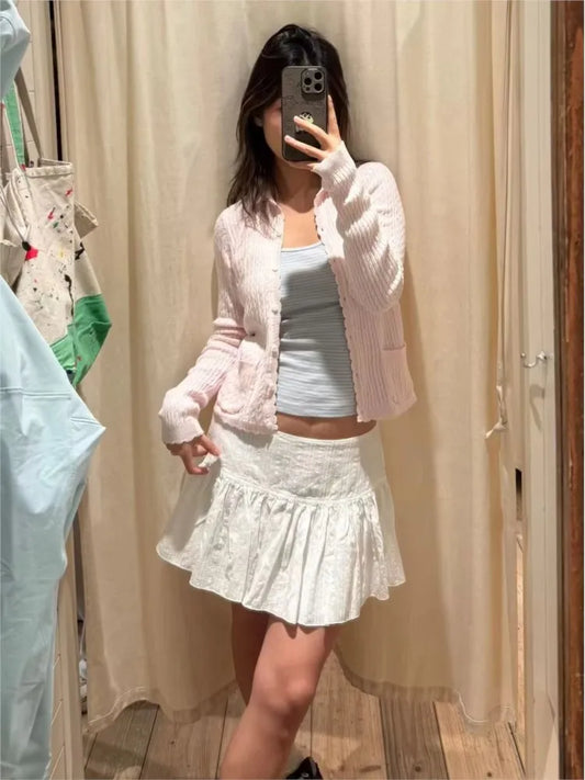 Lace-up A-line Shirks Women Summer Simple Cotton Low Waist Elastic Eyelet Pleated Mini Skirts Sweet Cute Streetwear Falda Y2K