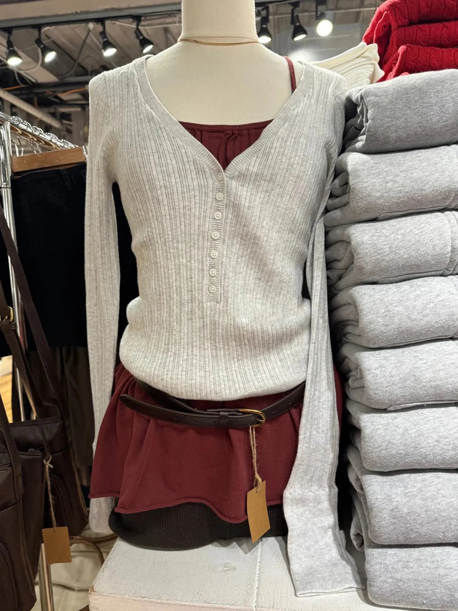 Knitted V-neck T-shirts Women Autumn Buttons Slim