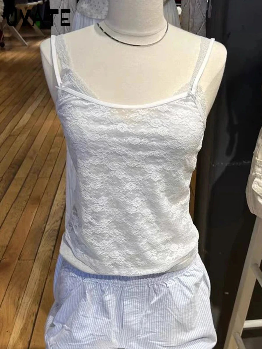 White Bow Lace Sheer Slim Tank Tops Women Summer New Sexy All-match Smock Preppy Style Crop Top Sweet Cute Y2K Camisole Clothes