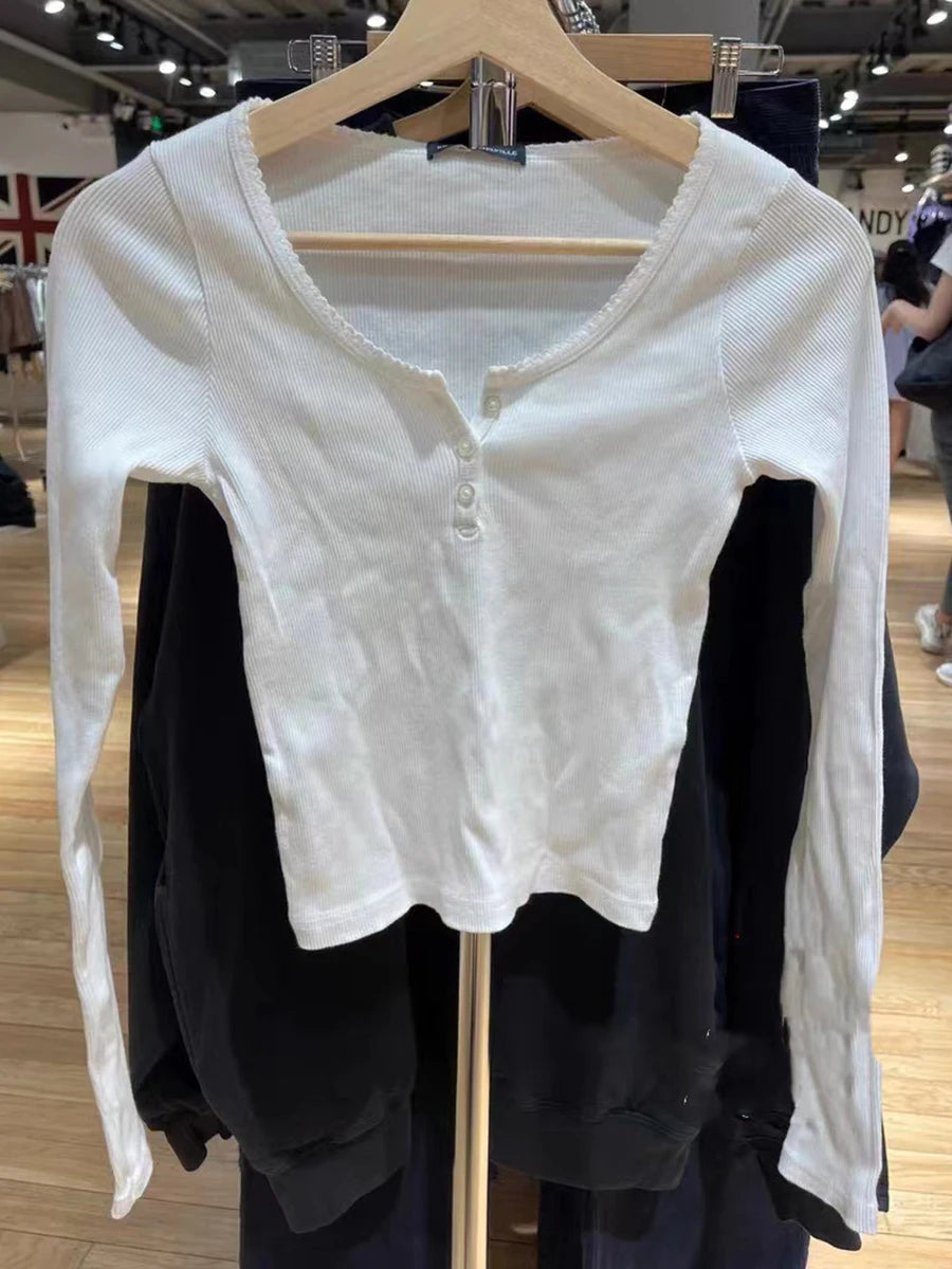 Sweet White Ribbed Button Long Sleeve Tees Women Streetwear Elegant Slim O-neck Cotton Tops Femme Vintage Cute Chic T-shirts Y2K