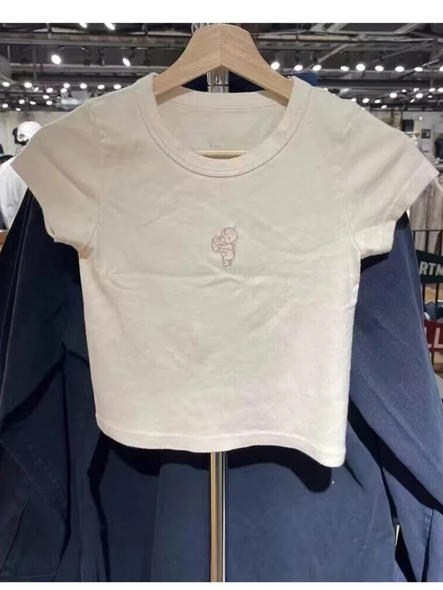 Cute Angel Print beige Crop Tops Women Summer Cotton Soft Slim Streetwear Short Sleeve Tees Female Sweet Y2K Simple Chic T-shirt