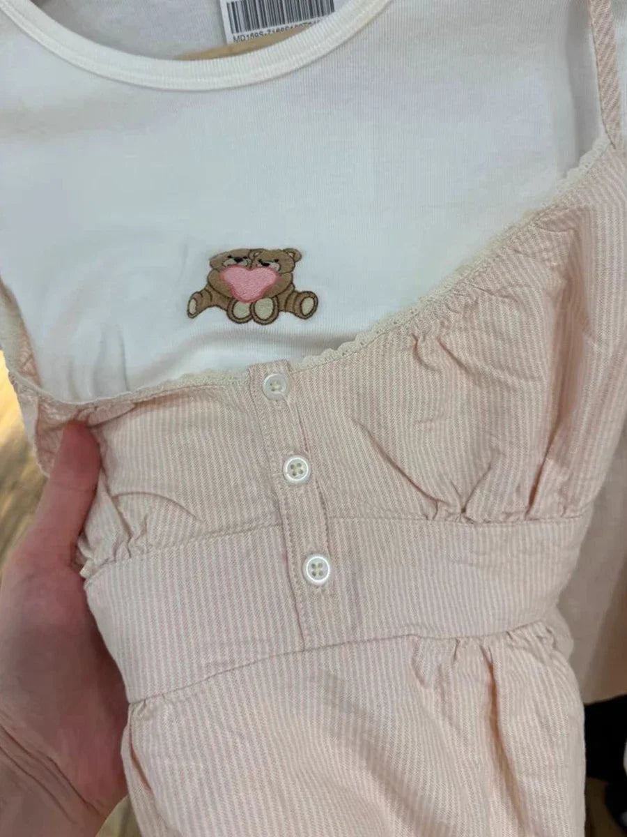Sweet Pink Stripe Lace-up Tank Top Women Summer Lace Trim Button V-neck Cotton Camis Vintage Streetwear Sleeveless Crop Tops Y2K
