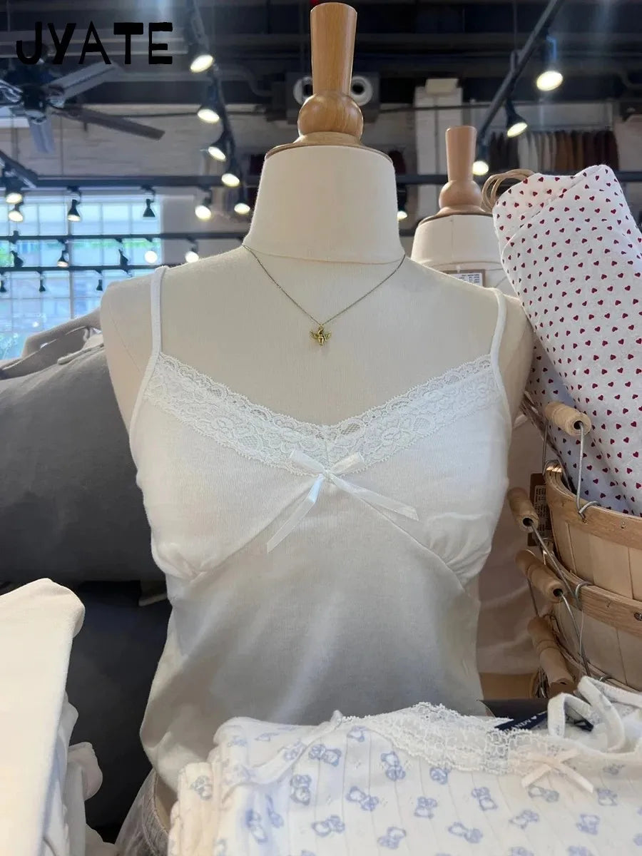 Vintage Lace Trim V-neck Bow Tank Tops Women New Cotton Soft Basic Casual Slim Sleeveless Crop Top Sweet Chic Sexy Camisole Y2K
