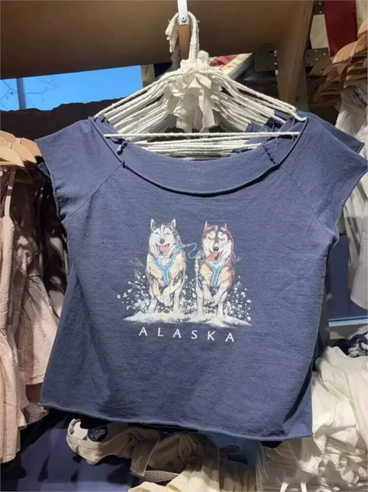 Alaska Puppy Print Cotton T-Shirts Women Sexy Slash Neck Raw Trim Short Sleeve Cropped Tees Shirt Cute Sweet Vintage Crop Tops