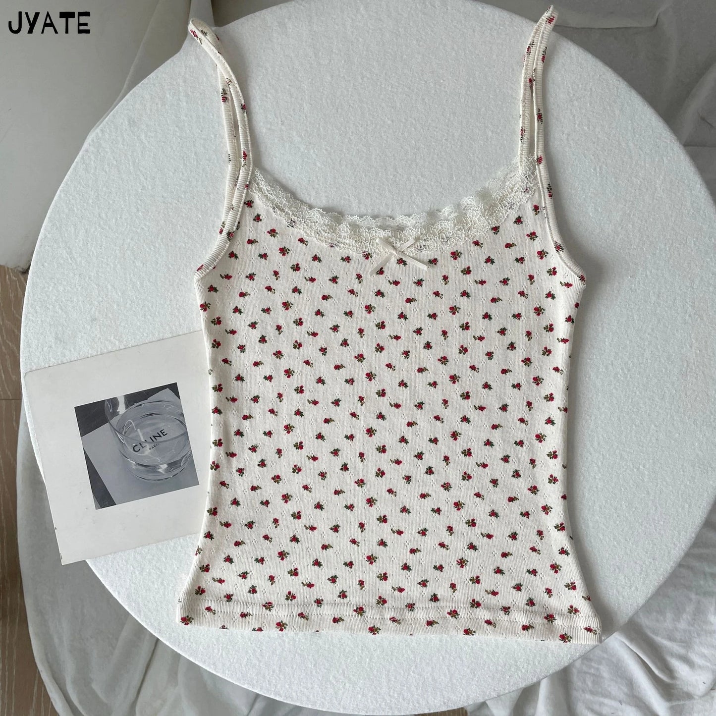 Lace Trim Floral Eyelet Tank Tops Women New Summer Cotton Bow Slim Preppy Style Cropped Vests Sweet Vintage Chic Camisole Y2K