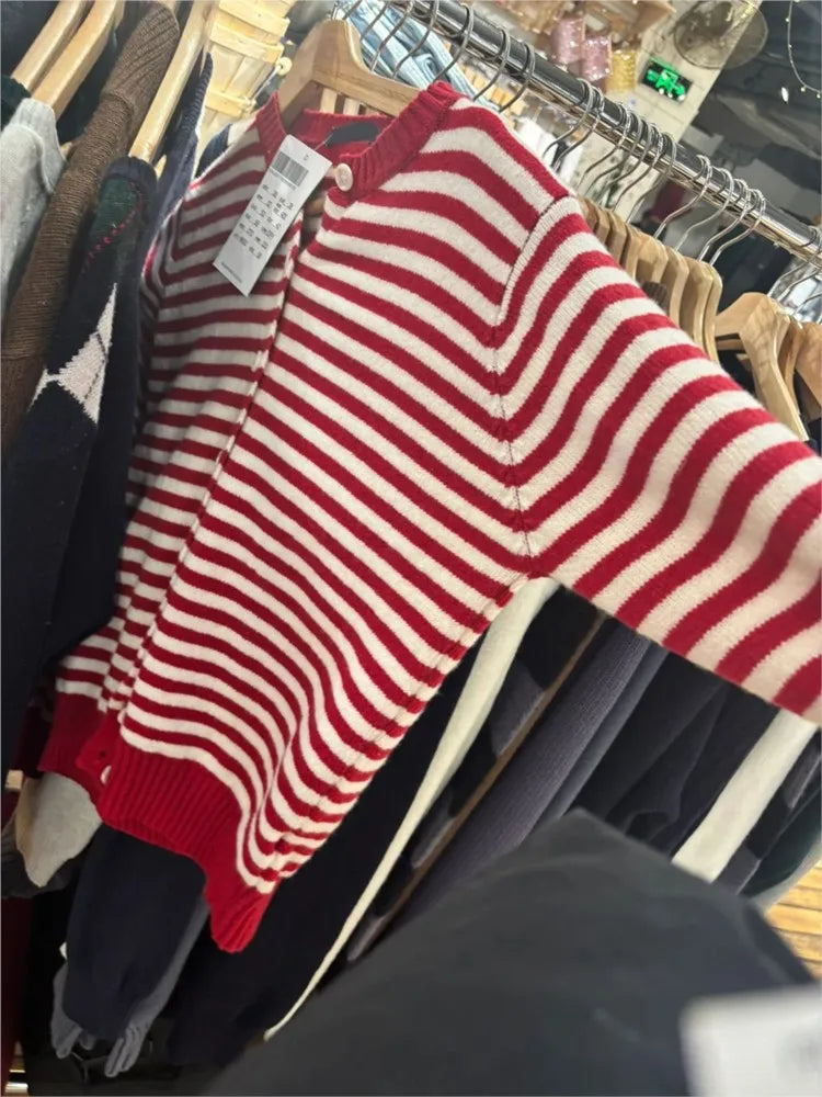 Sweet Red Striped Knitted Sweater Cardigan Women Round Neck Single Breasted Cotton Knitwear Preppy Style Sweaters Coat Tops Y2K