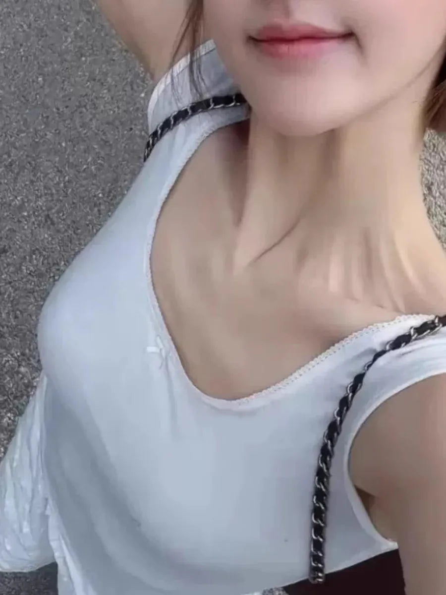White Bow U-neck Tank Tops Women Summer New Cotton Slim Simple Basic Sleeveless Tops Sweet All-match Vintage Vests Clothes Y2K