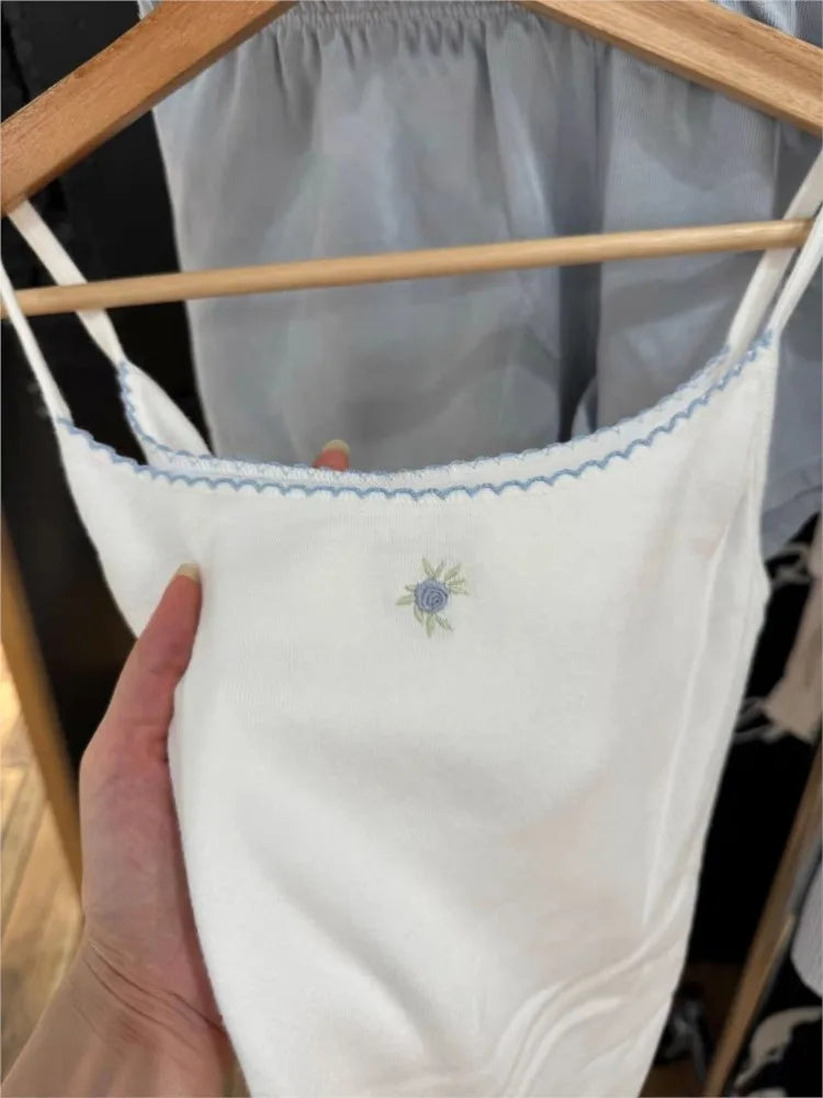 Sweet Floral Embroidery Lace Trim Camisole Women Spring Slim Sleeveless Cotton Tank Top Cute Preppy Style Chic Vest Y2K Tops New