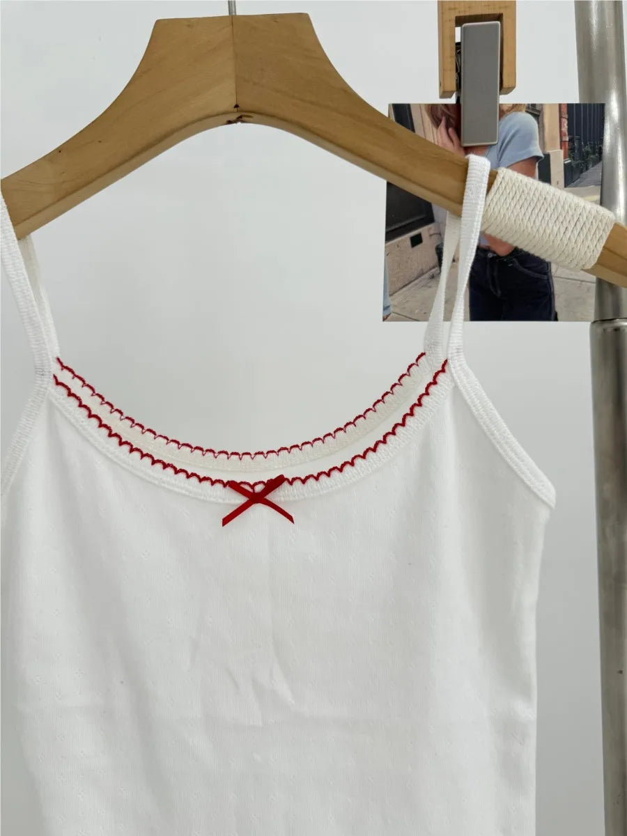 Heart Eyelet Red Bow Camisole Women Casual Slim Lace Trim Sleeveless Cotton Tank Top Female Sweet Cute Preppy Style Crop Tops