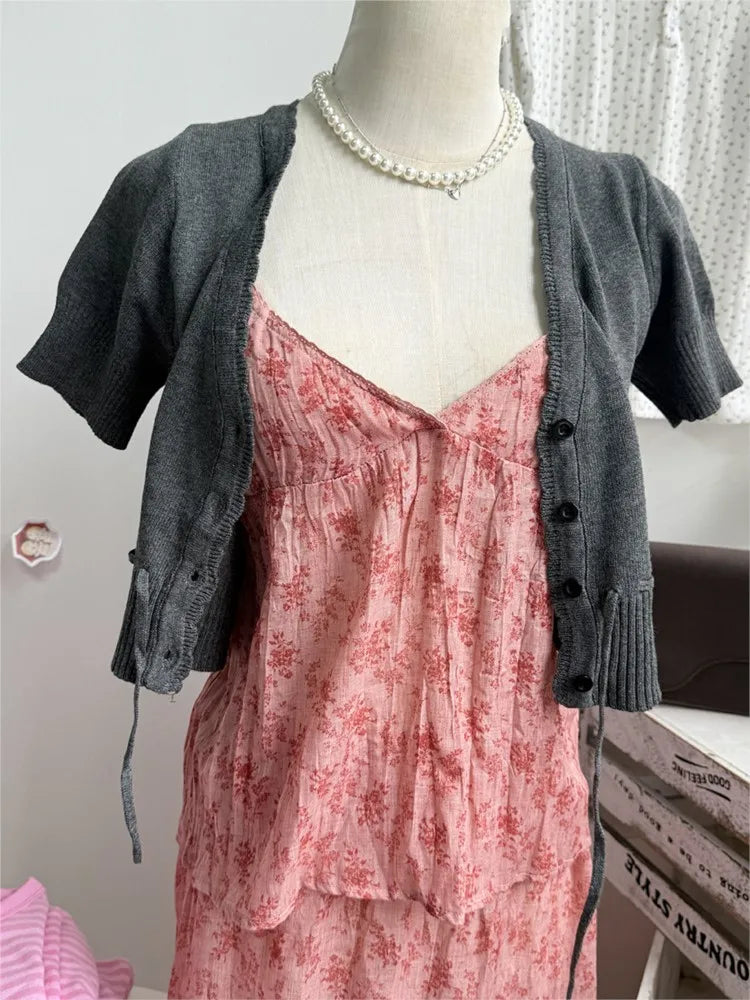 Solid Drawstring Slim Cropped Knitwear Top WomenV-neck Short Sleeve Cotton Thin Short T-shirts Sweet Casual Simple Crop Tops