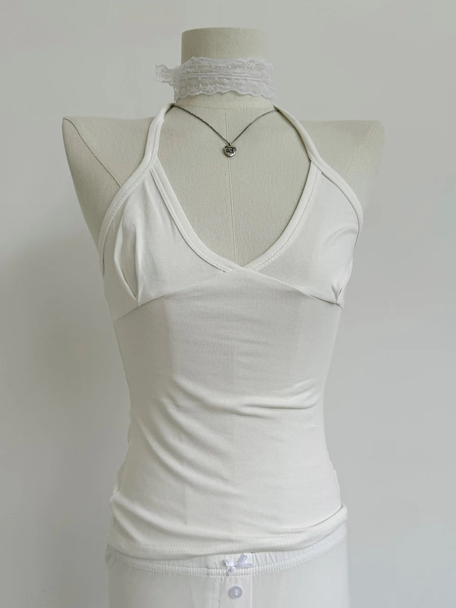 Sweet V-neck Halter Tank Tops Women Summer New All-match Sexy V-neck Slim Camisole Casual Vintage Preppy Style Cute Crop Top Y2K
