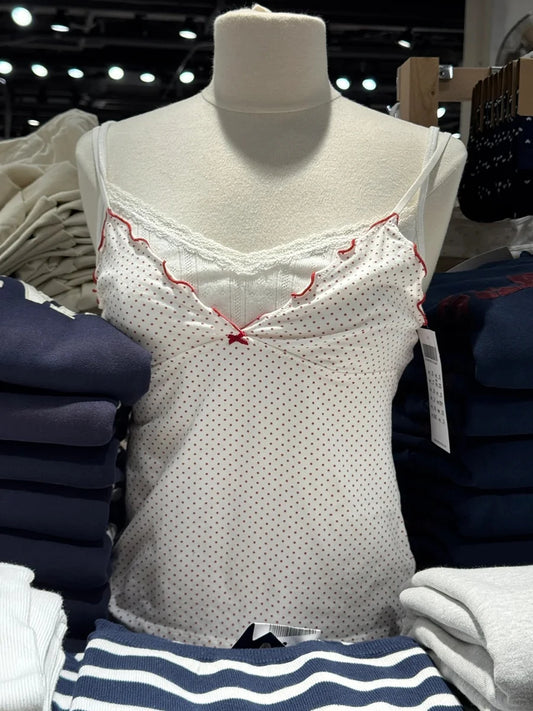 New Red Dot Fungus Trim Bow Tank Tops Women Casual Cotton Slim V-neck Sleeveless Camisole Sweet Cute Preppy Style Crop Top Y2K