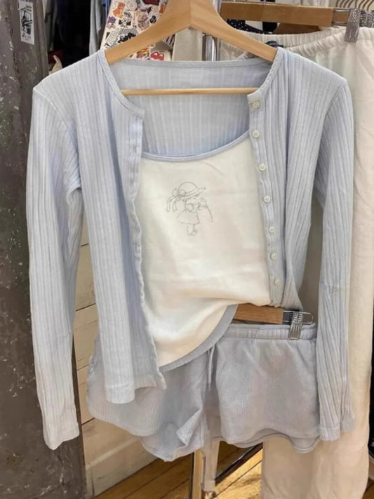 Blue Eyelet Long Sleeve Tee Women Casual Cotton Slim O-neck Single Breasted T-shirt Female Cute Sweet Preppy Style Tshirt Tops