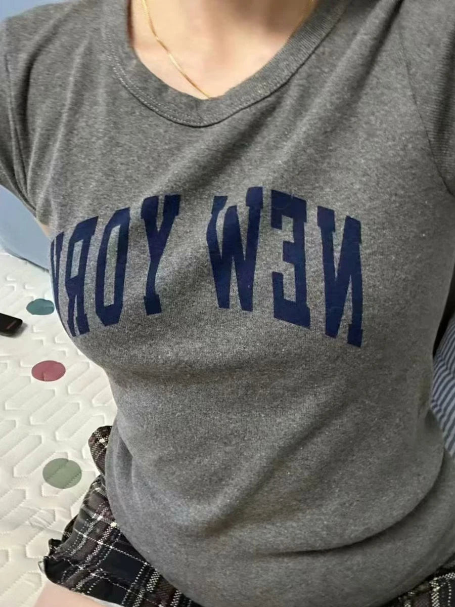 Vintage Basic Letter Print Cotton Crop Tops Women Summer O-neck Simple Gray Short Sleeve Tees Female Harajuku Chic Y2K T-shirts