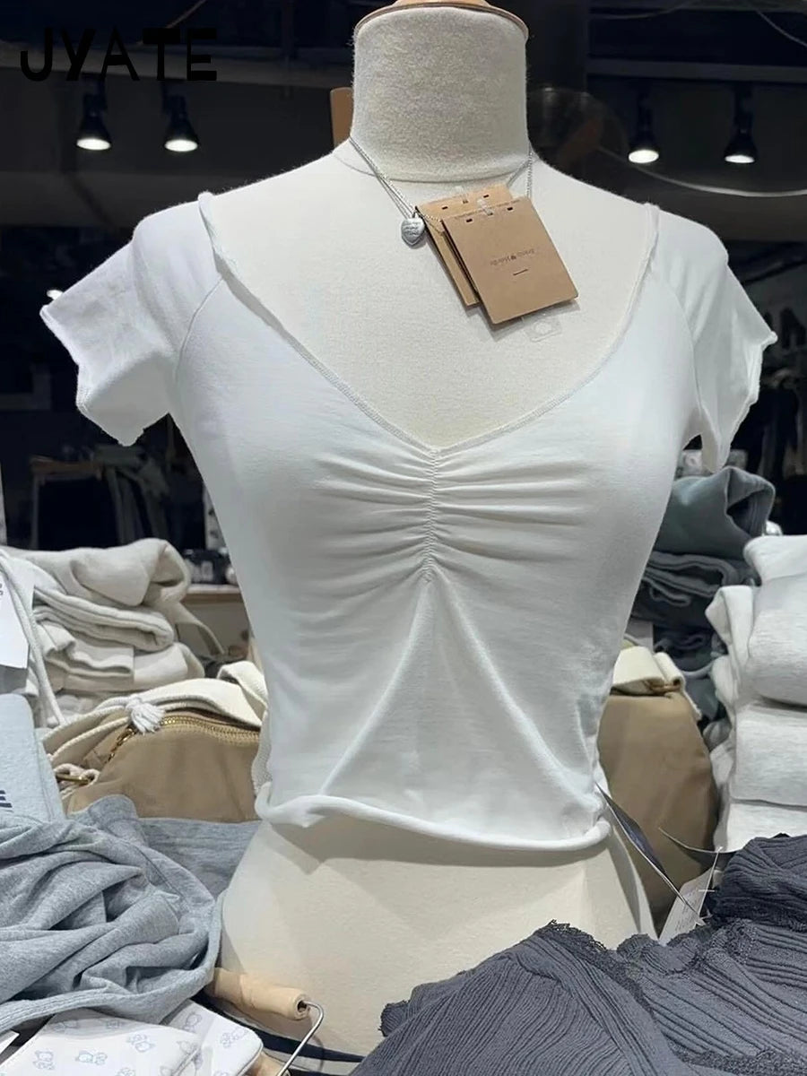 Simple Basic White Shirred V-neck T-shirts Women New Cotton Raw Hem Casual Sexy Short Sleeve Tee Sweet Vintage Chic Crop Top Y2K