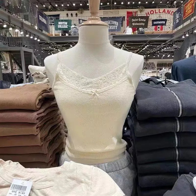 Lace Trim V-neck Knitted Camisole Women Summer Cotton Soft Casual Waist Lace-up Sleeveless Vests Vintage Gray Sweet Tank Top Y2K