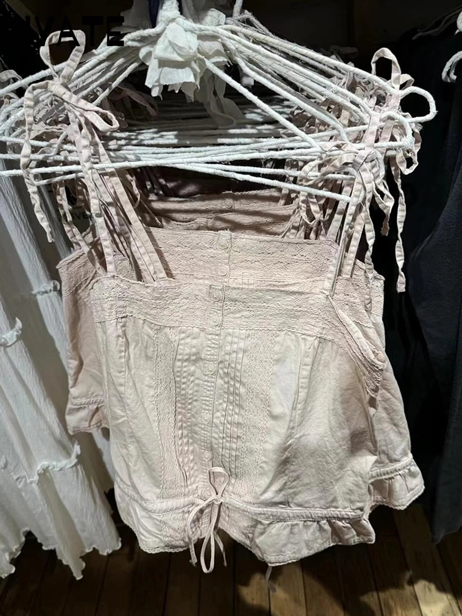 Sweet Pink Hollow Out Strappy Tank Tops Women Summer New Cotton Slim Ruffles Buttons Cropped Vests Vintage Sexy Chic Camis Y2K