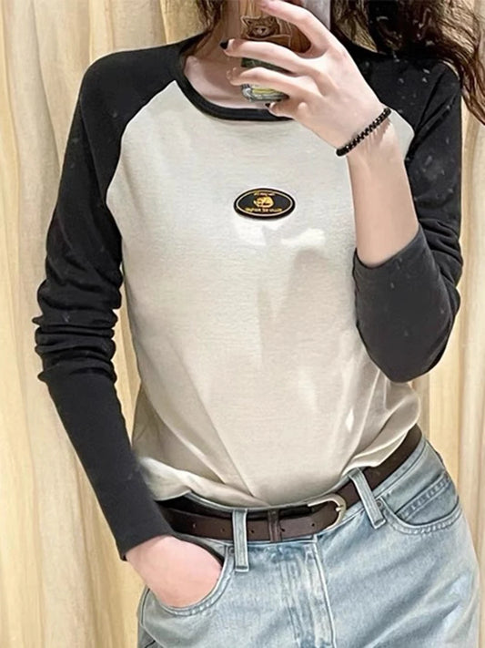 Patchwork Slim Long Sleeve Tops Women Casual Simple Cotton Letter Print Streetwear Tee Female Fashion Vintage Chic Y2K T-shirts